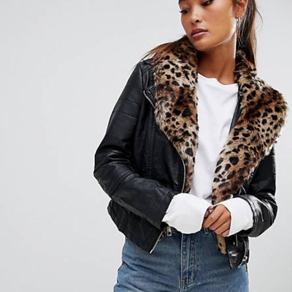NWT -  Parisian Faux Leather Jacket With Leopard Collar - US 10 - Picture 1 of 4